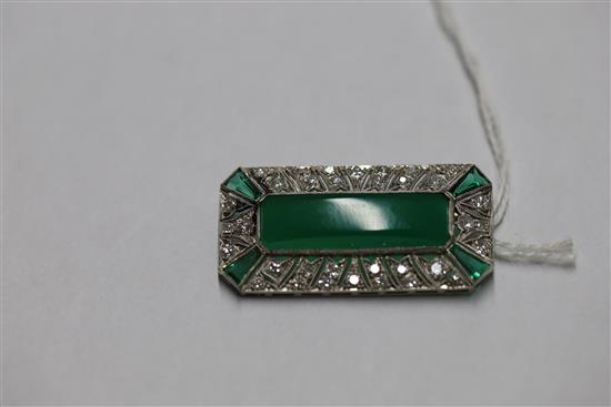 An Art Deco platinum?, chrysophase, SYNTHETIC? emerald and diamond millegrain set octagonal brooch, gross weight 10.3 grams.